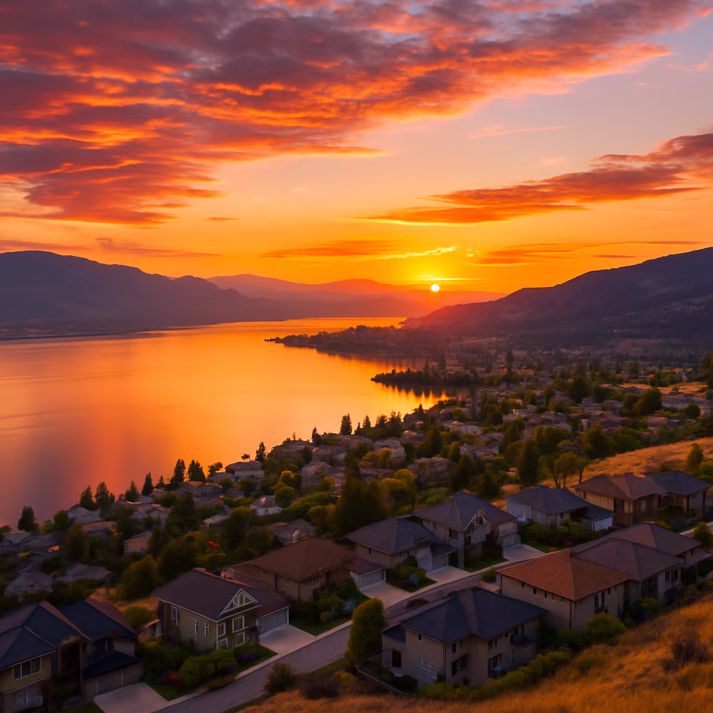 Kelowna BC service areas with Okanagan Valley backdrop at sunset